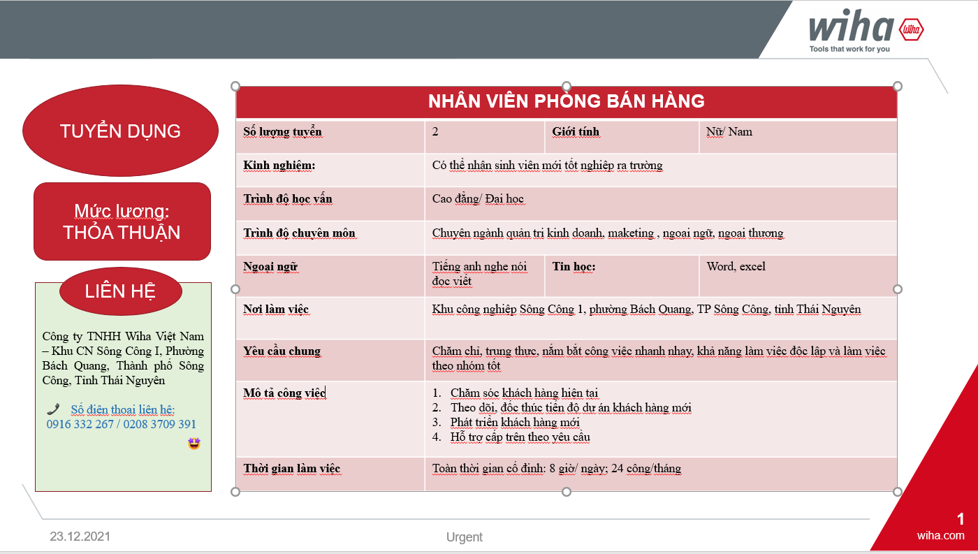 WIHA VIỆT NAM ĐANG TÌM KIẾM ỨNG VIÊN VỊ TRÍ:  NHÂN VIÊN PHÒNG BÁN HÀNG